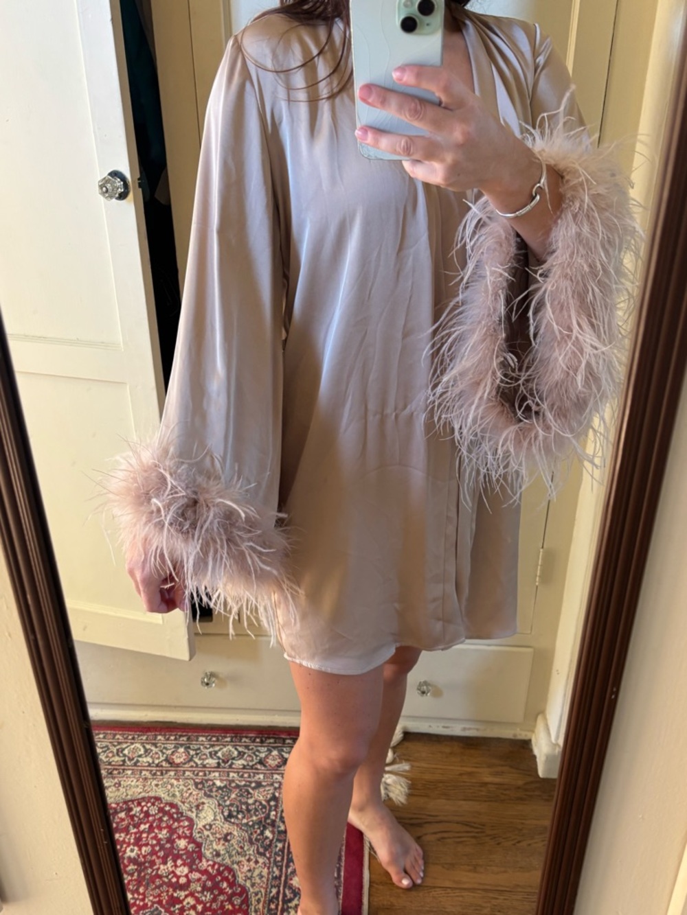 Silk Feather-Trim Robe in Blush